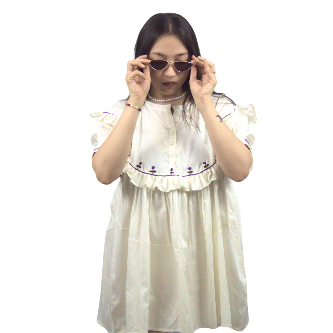 Embroidered Ruffle Short Loose Fit Dress
