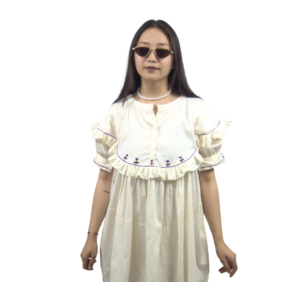 Embroidered Ruffle Short Loose Fit Dress