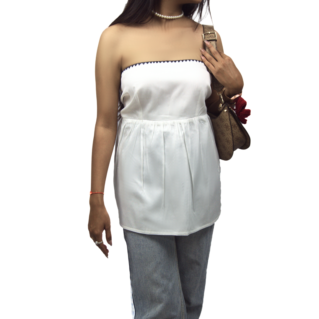 Back-Tie Strapless Babydoll Top – White with Embroidery