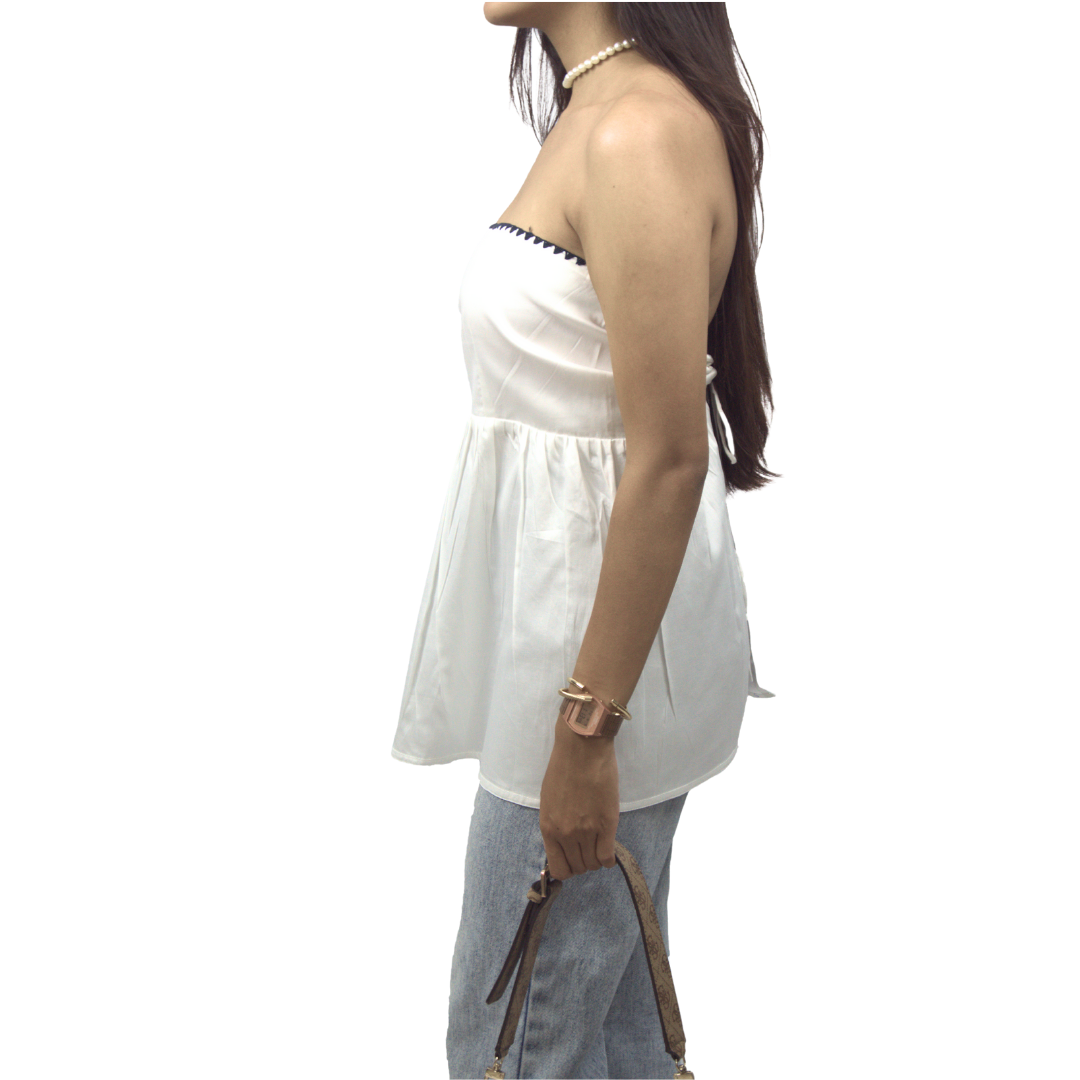 Back-Tie Strapless Babydoll Top – White with Embroidery